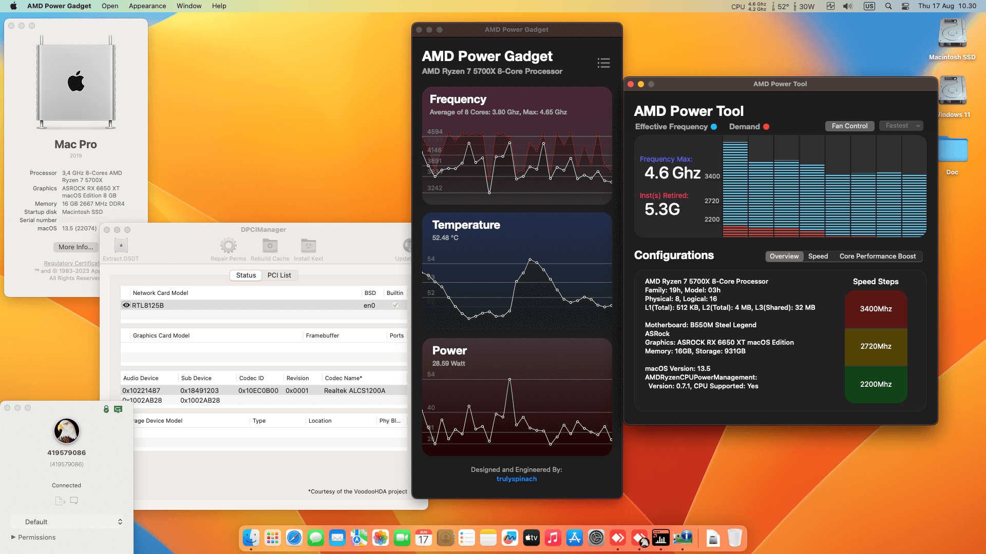 Success Hackintosh macOS Ventura 13.5 Build 22G74 in Asrock B550M Steel Legend + AMD Ryzen 7 5700X + Asrock RX 6650 XT